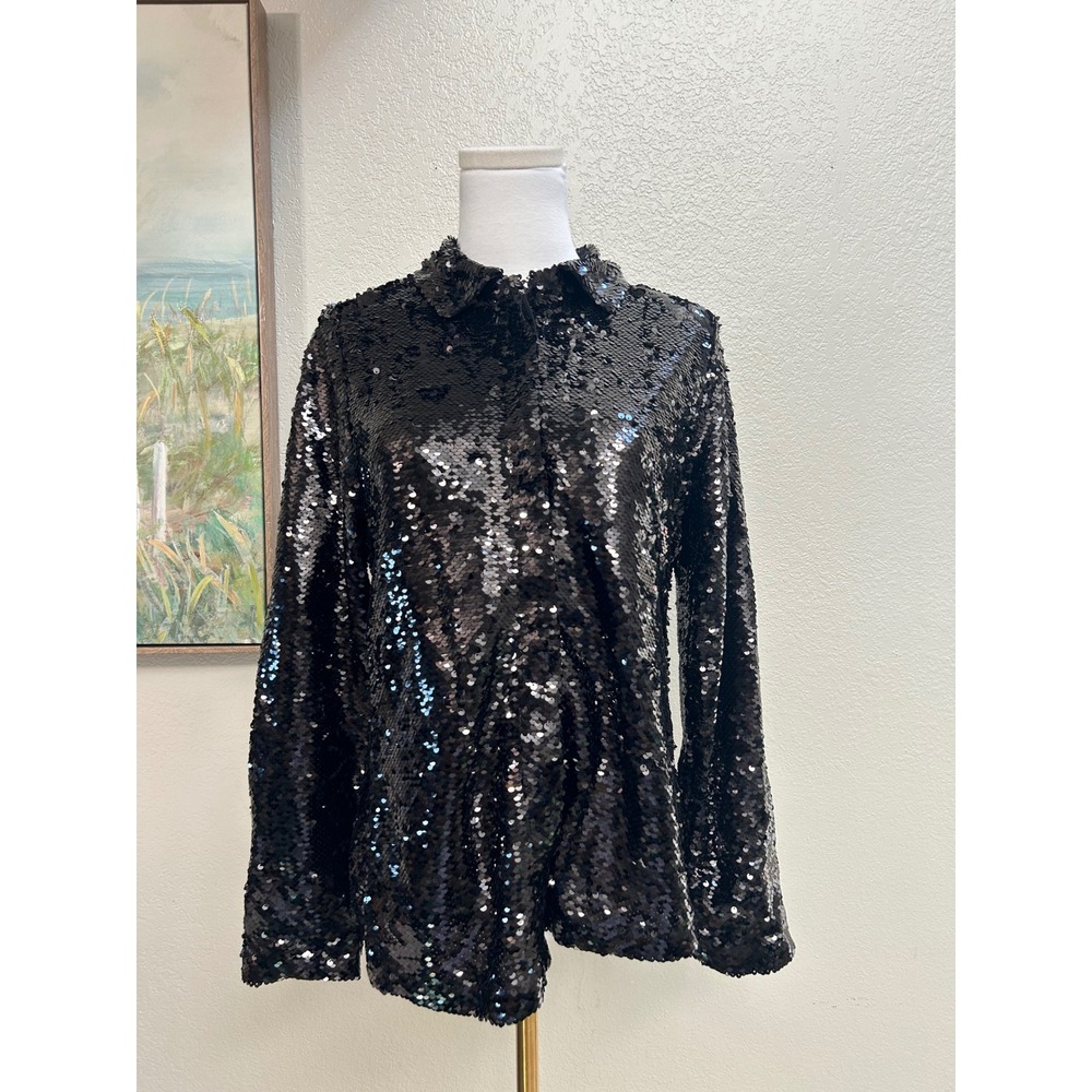 Chico's Black Sequin Button Front Jacket Blazer - Size S‎